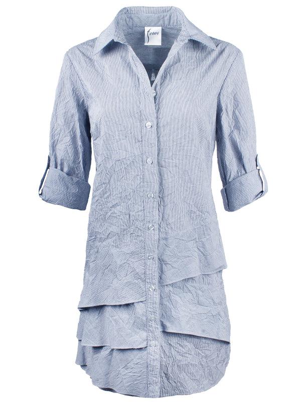 Finley Jenna Blue Striped Shirt Dress With Ruffle-tier Hem And A Relaxed Contour