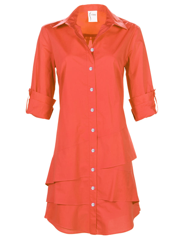 finley Jenna Fireball orange cotton shirt dress with ruffle-tier hem and relaxed shape