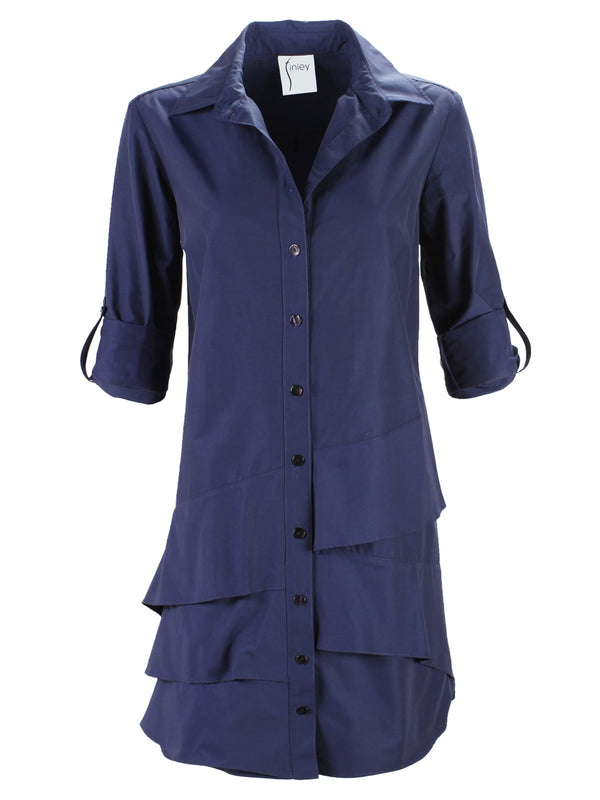 finley Jenna Navy cotton shirt dress with ruffle-tier hem and a relaxed shape