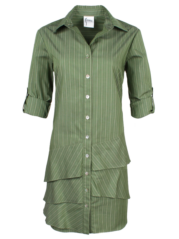 Finley Jenna Olive Green And White Stripe Dress With Ruffle-tier Hem