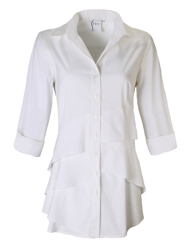 Finley Jenna White Poplin Tunic Top With 3/4 Sleeves And A Ruffle-tier Hem