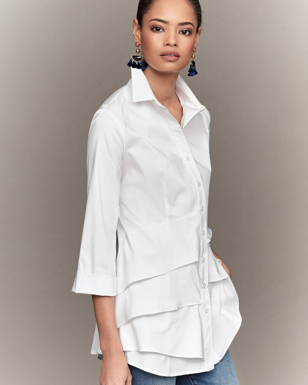 Finley Jenna White Poplin Tunic Top With 3/4 Sleeves And A Ruffle-tier Hem