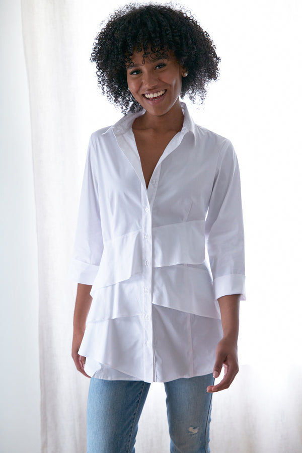 finley Jenna White poplin tunic top with 3/4 sleeves and a ruffle-tier hem finley Jenna White poplin tunic top with 3/4 sleeves and a ruffle-tier hem