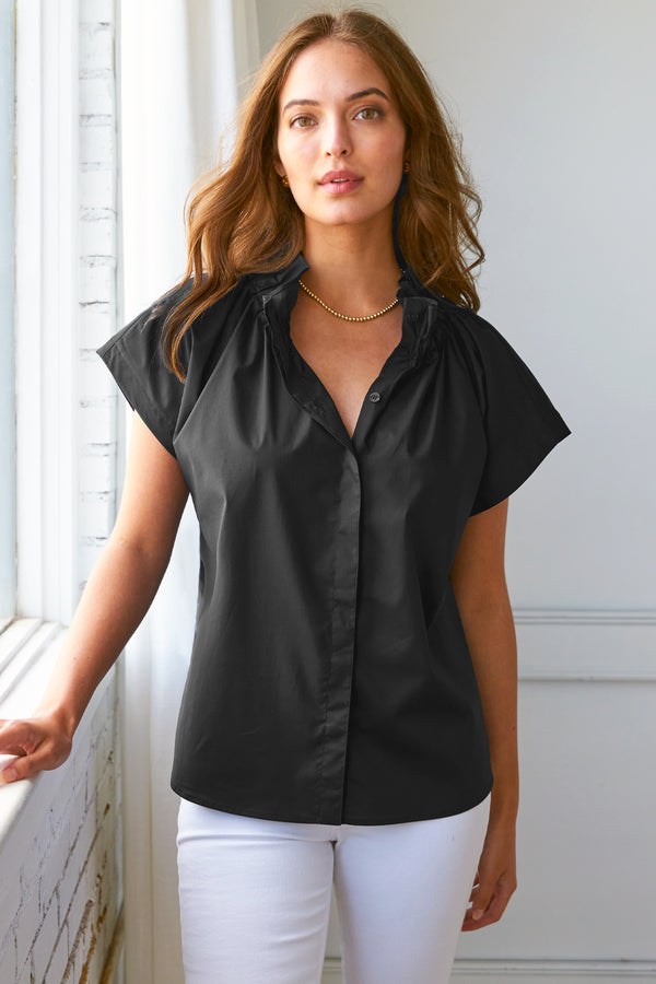 finley Jenny Black poplin blouse with ruffle collar & hidden button placket