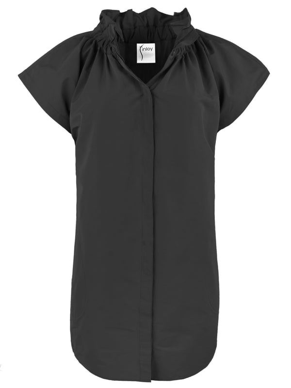 Finley Jenny Black Techy Taffeta Shirtdress With Ruffle Collar & Hidden Button Placket