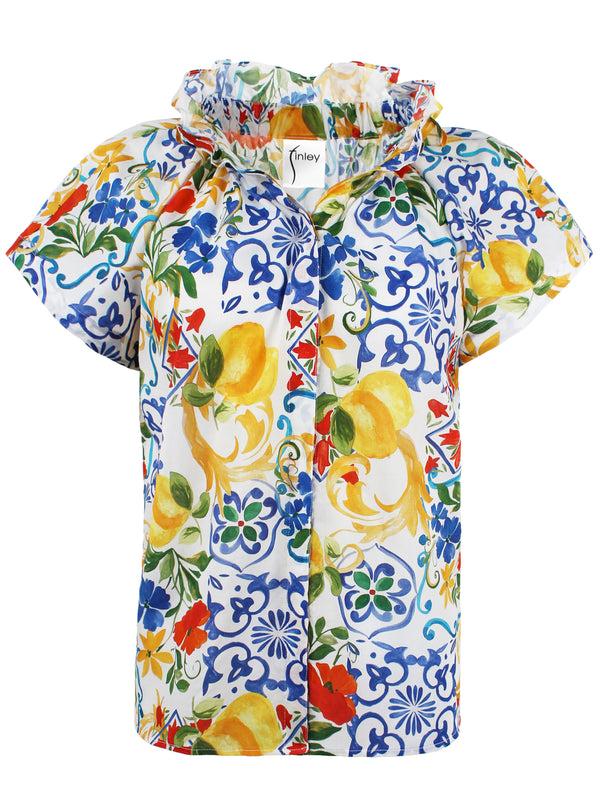 Finley Jenny Blue Yellow And Red Print Poplin Blouse With Ruffle Collar & Hidden Button Placket