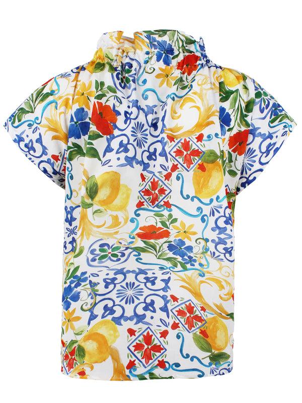 Finley Jenny Blue Yellow And Red Print Poplin Blouse With Ruffle Collar & Hidden Button Placket