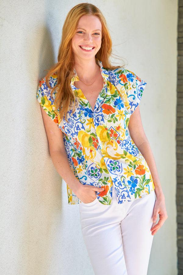Finley Jenny Blue Yellow And Red Print Poplin Blouse With Ruffle Collar & Hidden Button Placket