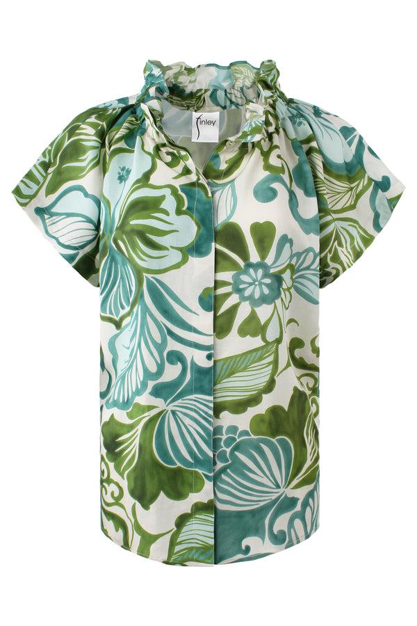 Finley Jenny Green & Blue Tropical Print Poplin Blouse With Ruffle Collar & Hidden Button Placket