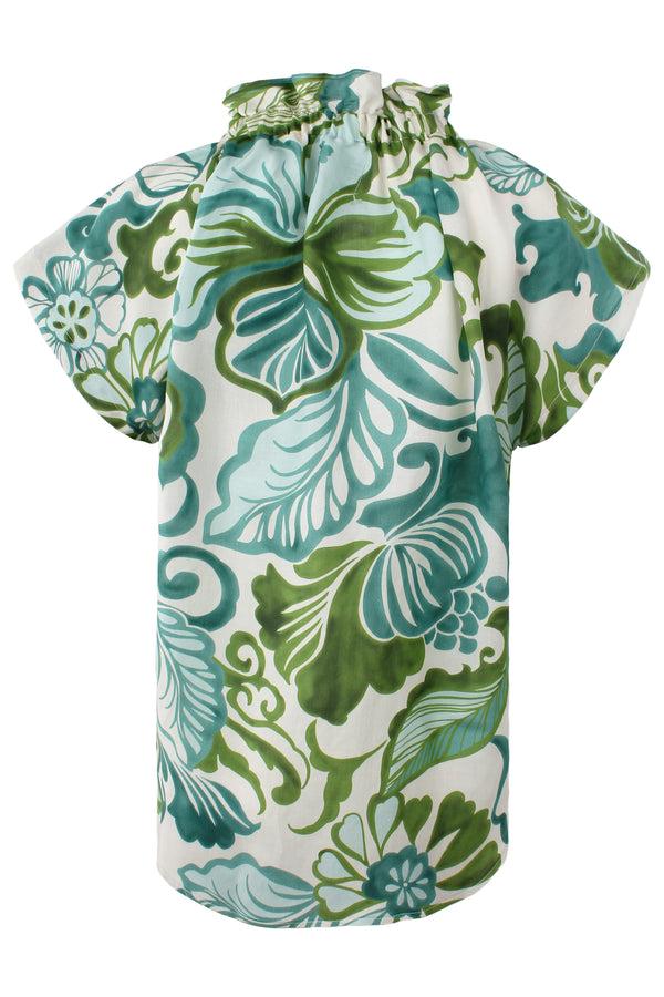 Finley Jenny Green & Blue Tropical Print Poplin Blouse With Ruffle Collar & Hidden Button Placket