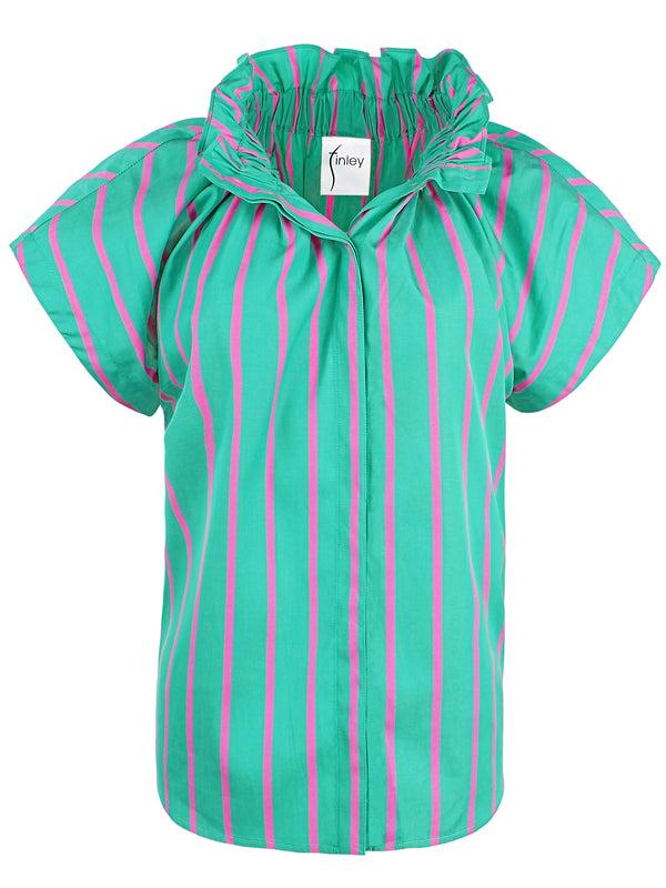 Finley Jenny Green & Pink Striped Print Poplin Blouse With Ruffle Collar & Hidden Button Placket