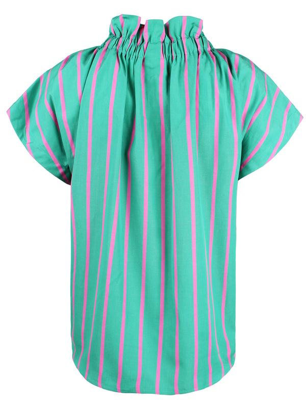 Finley Jenny Green & Pink Striped Print Poplin Blouse With Ruffle Collar & Hidden Button Placket