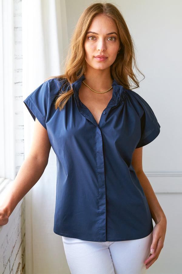 finley Jenny Navy blue poplin blouse with ruffle collar & hidden button placket