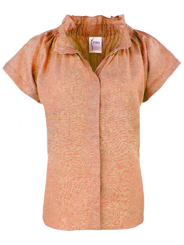 Finley Jenny Orange Hemp/cotton Blend Blouse With Ruffle Collar & Hidden Button Placket