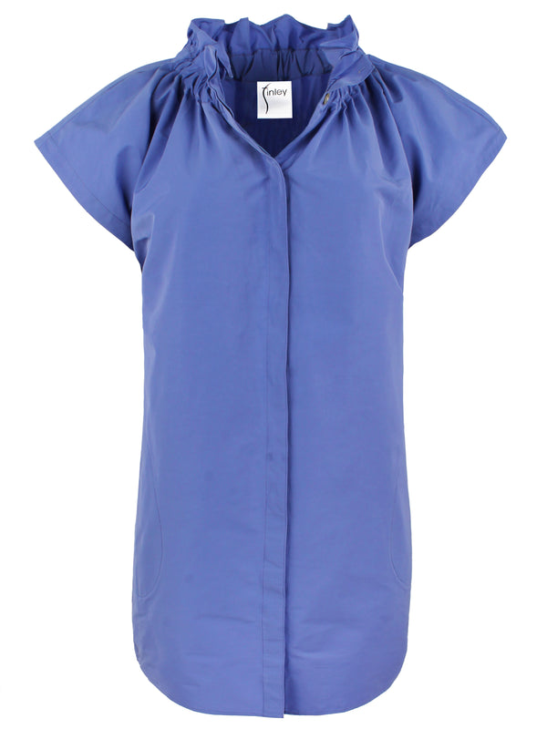 finley Jenny Periwinkle purple techy taffeta shirtdress with ruffle collar & hidden button placket