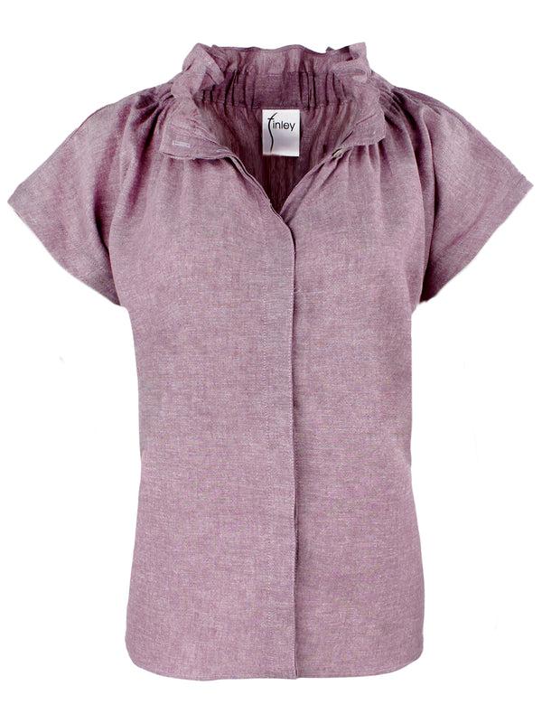 finley Jenny Purple hemp/cotton blend blouse with ruffle collar & hidden button placket