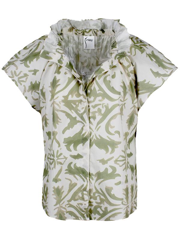 Finley Jenny Sage Print Poplin Blouse With Ruffle Collar & Hidden Button Placket