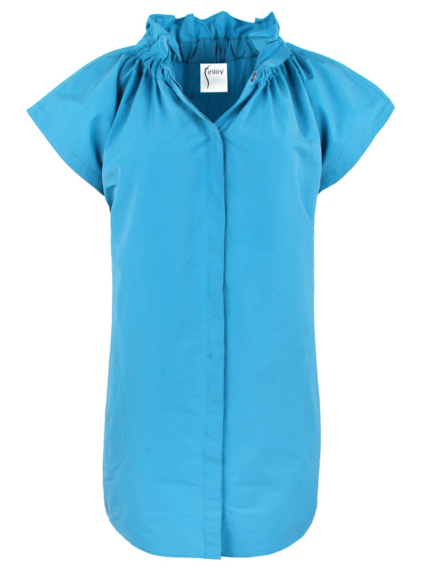 Finley Jenny Turquoise Blue Techy Taffeta Shirtdress With Ruffle Collar & Hidden Button Placket