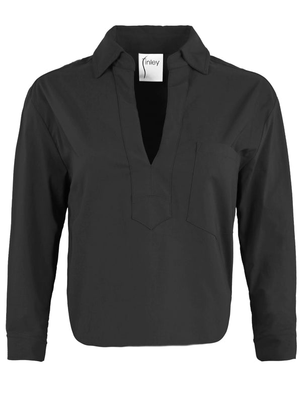 Finley Joni Popover Shirt With A Front Pocket In Black Silky Cotton Poplin