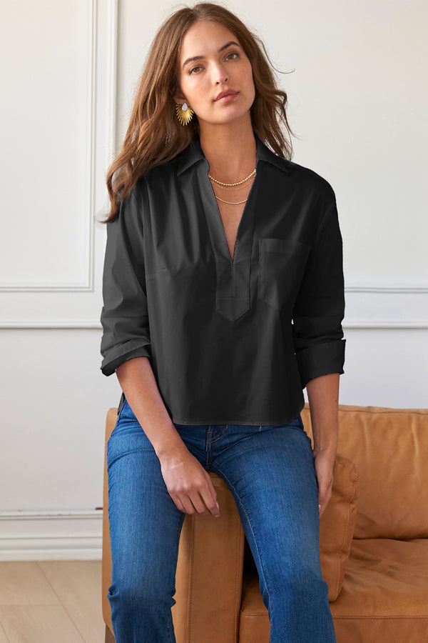 finley Joni Popover shirt with a front pocket in black silky cotton poplin