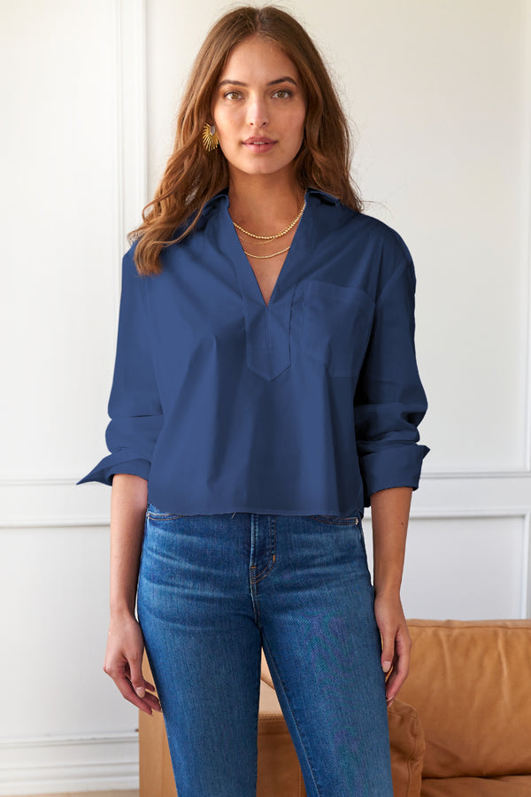 Finley Joni Popover Shirt With A Front Pocket In Navy Silky Cotton Poplin