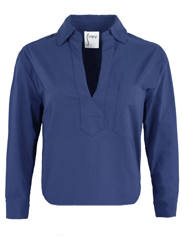 finley Joni Popover shirt with a front pocket in navy silky cotton poplin