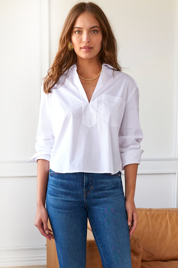 Finley Joni Popover Shirt With A Front Pocket In White Silky Cotton Poplin
