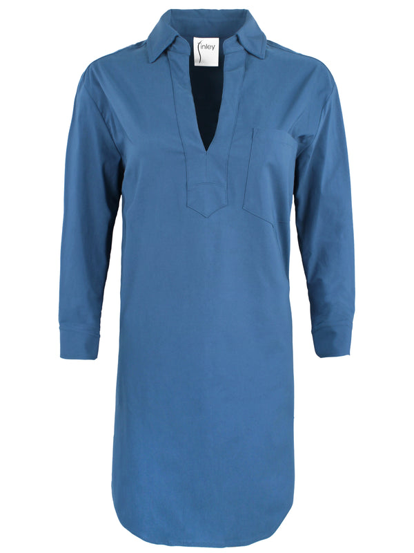 Finley Julia Indigo Blue Shirt Dress In Stretch Viscose With V-neck And A Relaxed Contour