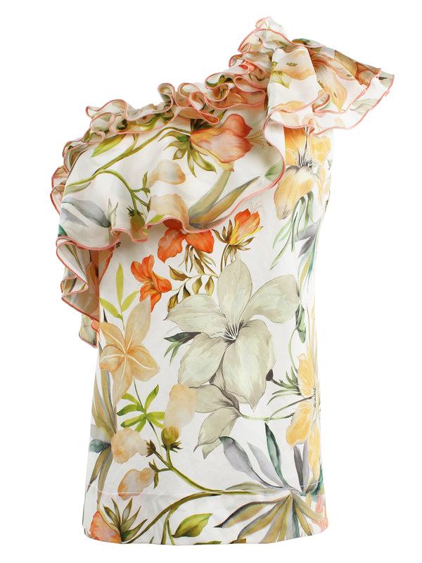 Finley Kate One Shoulder Over The Head Style With Ruffle Trim In A Floral Print
