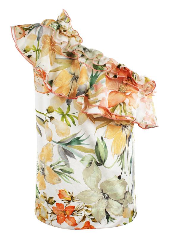 Finley Kate One Shoulder Over The Head Style With Ruffle Trim In A Floral Print