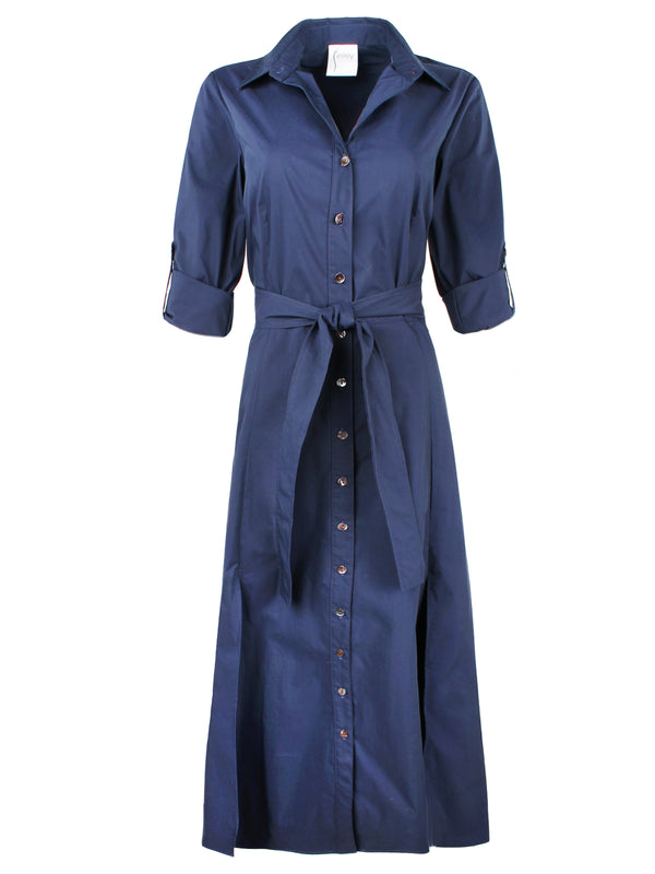 Finley Laine Navy Weathercloth Dress With An A-line Silhouette And Self-tie Sash