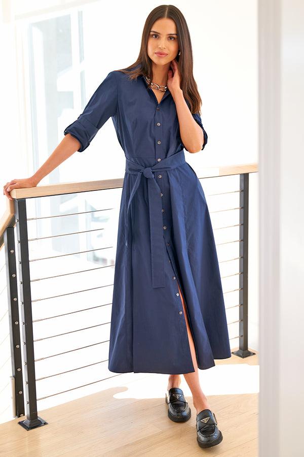 finley Laine Navy weathercloth dress with an A-line silhouette and self-tie sash