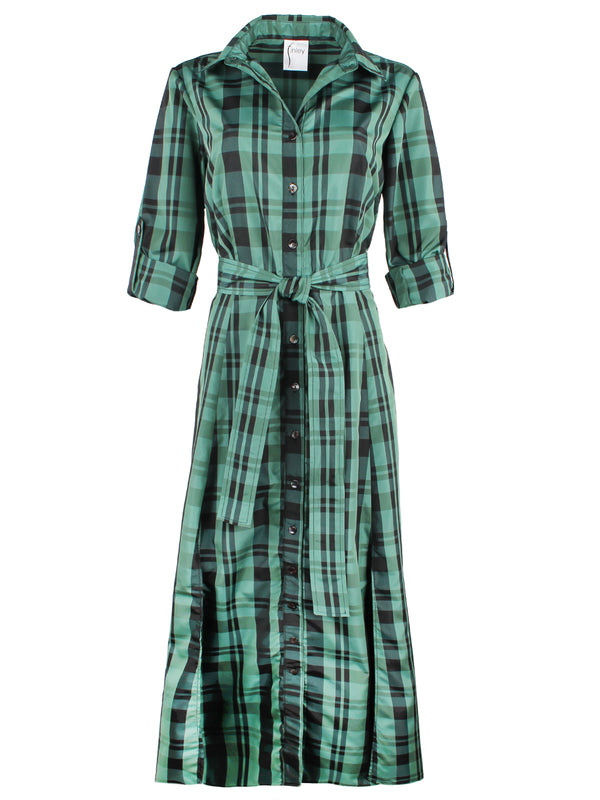 Finley Laine Tie Front Green And Black Christmas Plaid Dress With An A-line Contour And Self Belt