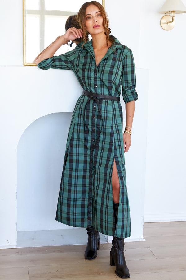 Finley Laine Tie Front Green And Black Christmas Plaid Dress With An A-line Contour And Self Belt