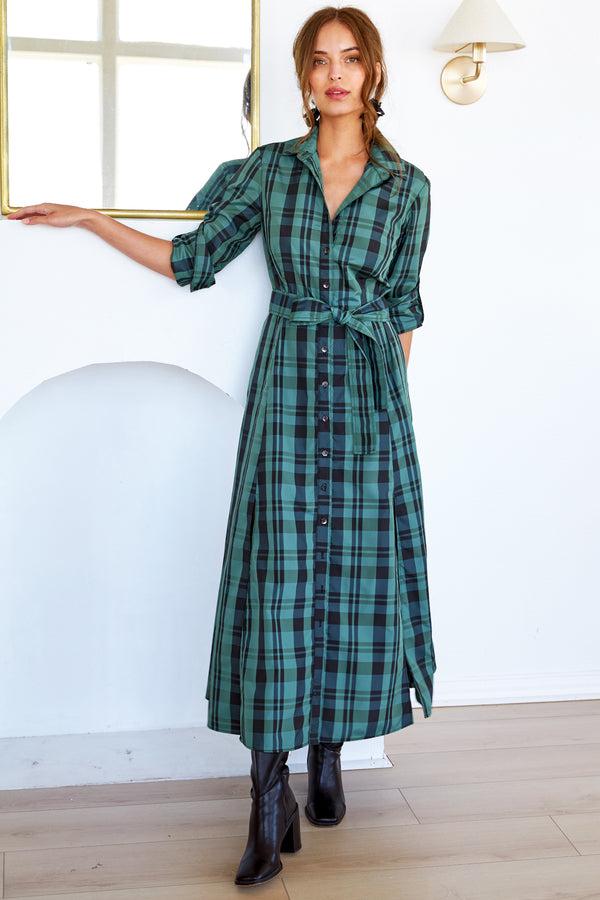 finley Laine Tie front green and black Christmas Plaid dress with an a-line contour and self belt