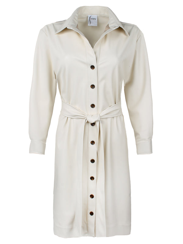 Finley Liam Long Sleeve Tie Front Dress With Semi-fitted Shape In Vegan Ivory Leather
