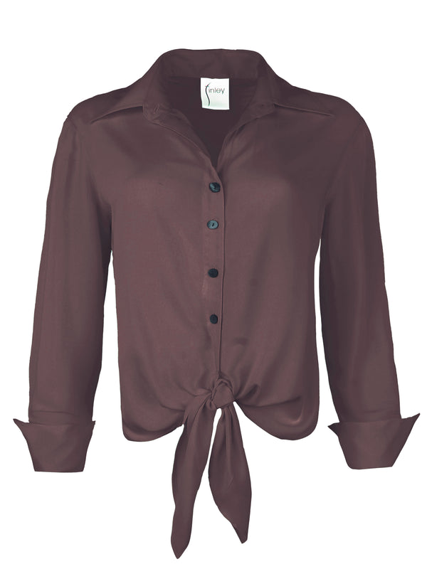 finley Lindy Espresso brown viscose voile tie-front top with a faux French cuff