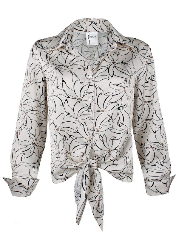 Finley Lindy Ivory Black And Gold Print Tie-front Top With A Faux French Cuff