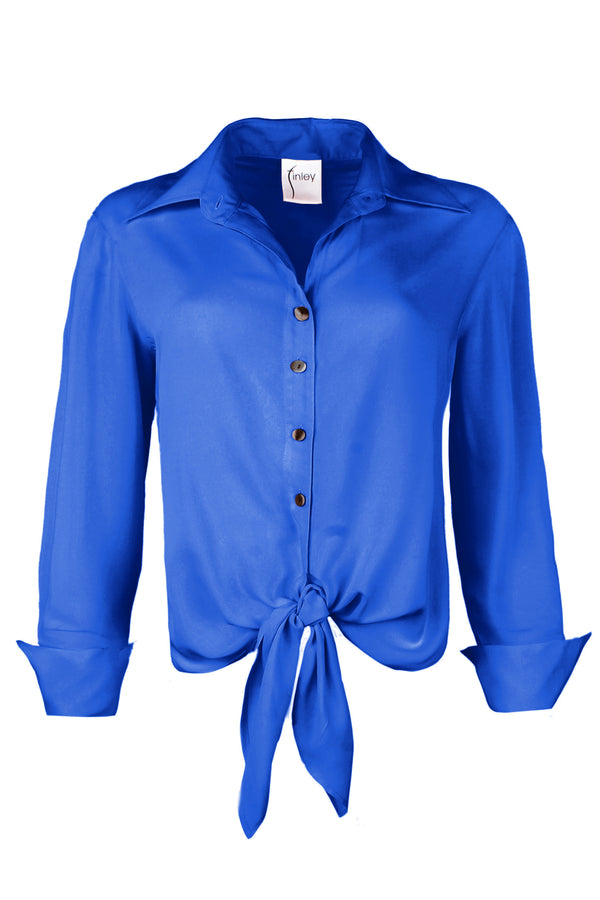 Finley Lindy Royal Blue Viscose Voile Tie-front Top With A Faux French Cuff