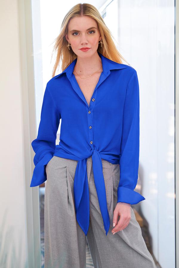 finley Lindy Royal blue viscose voile tie-front top with a faux French cuff