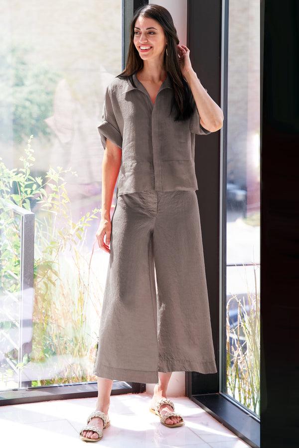finley Linen Drawstring Pants Mushroom brown washed linen wide leg pants with drawstring