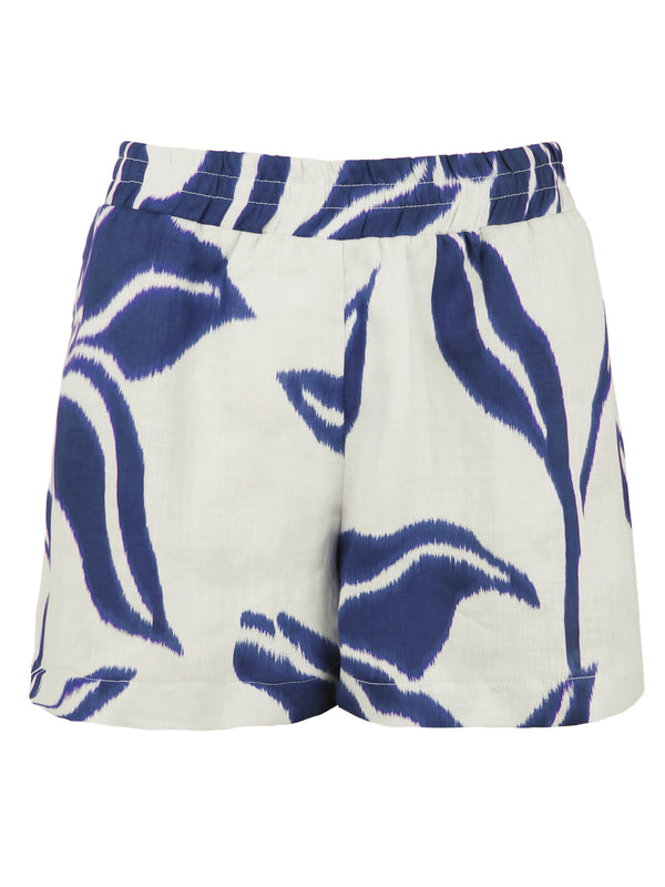 finley Linen Short 3" washed linen shorts with side pockets in natural & royal blue batik