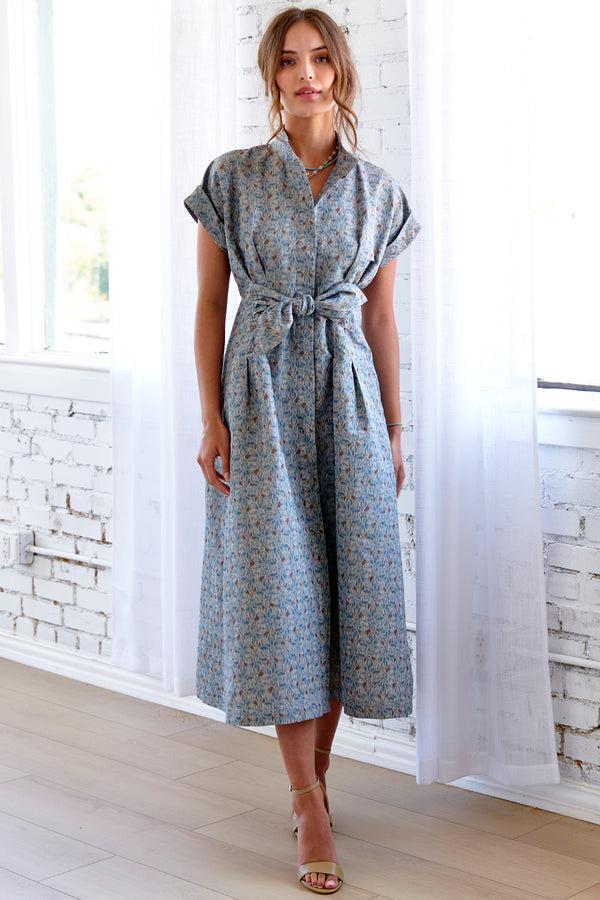finley Long Rocky Teal printed polyester taffeta tie front shirt dress with fit-and-flare shape