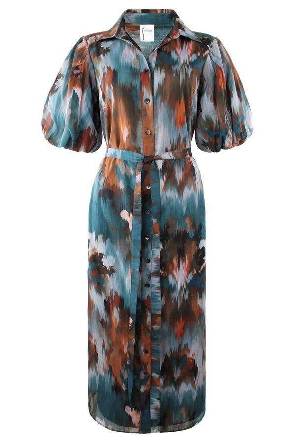 finley Madeline Teal Blue And Brown Cotton Voile Maxi Shirt Dress With Blouson Sleeves