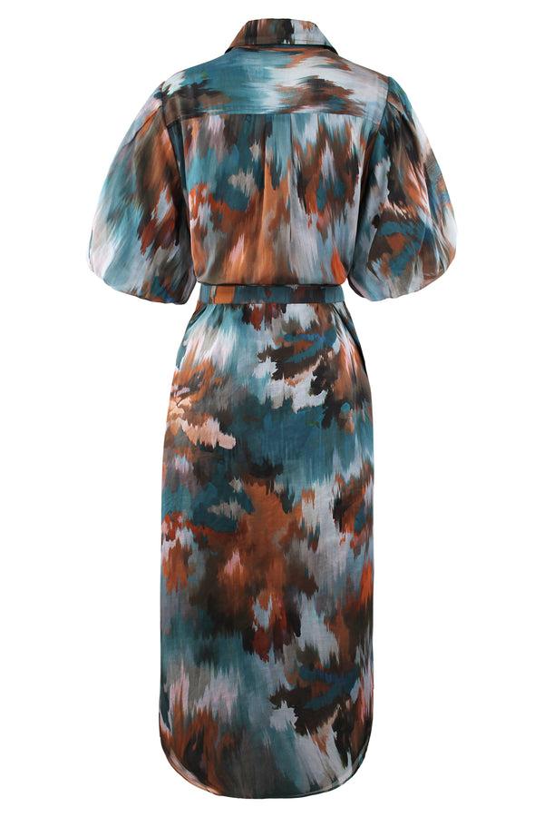 finley Madeline Teal Blue And Brown Cotton Voile Maxi Shirt Dress With Blouson Sleeves