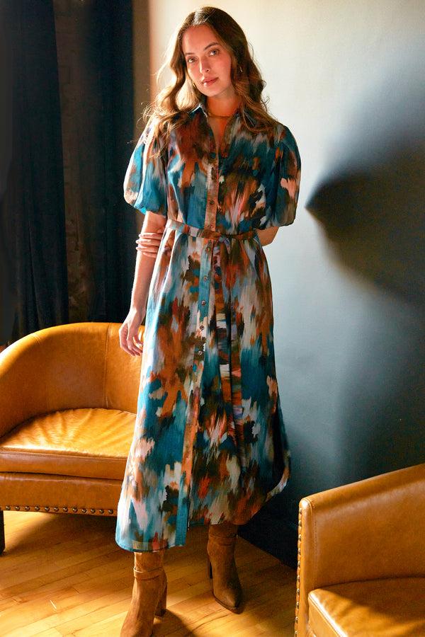finley Madeline Teal blue and brown cotton voile maxi shirt dress with blouson sleeves