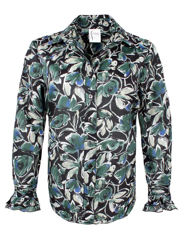 Finley Marianne Olive & Black Floral Print Blouse With Ruffle-tier Cuffs And A Relaxed Shape