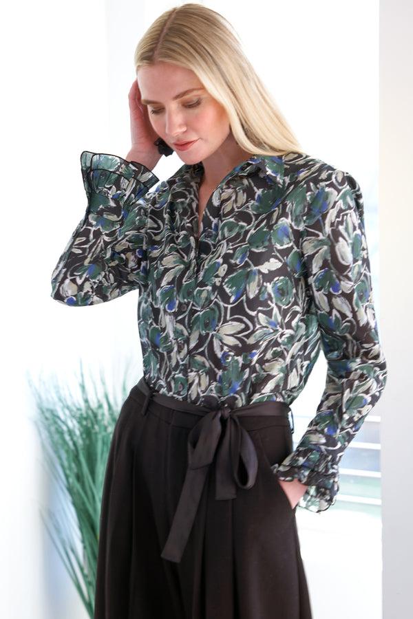 finley Marianne Olive & black floral print blouse with ruffle-tier cuffs and a relaxed shape