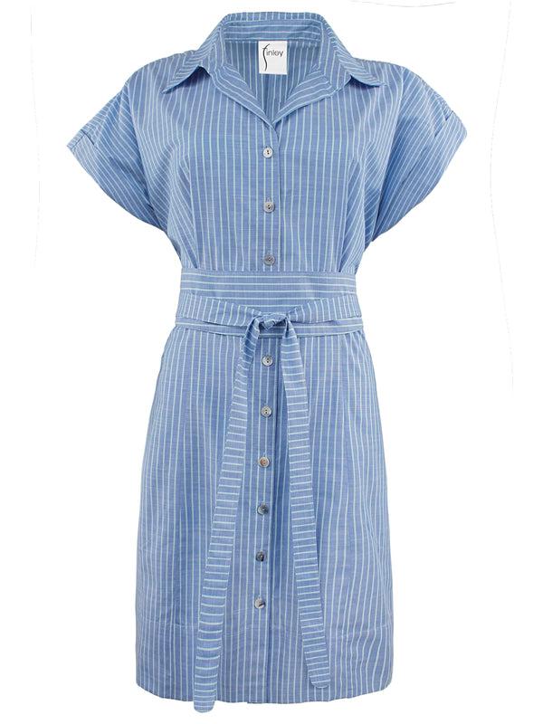Finley Marlow Blue And Aqua Stripe Shirt Dress With Detachable Self Tie Belt