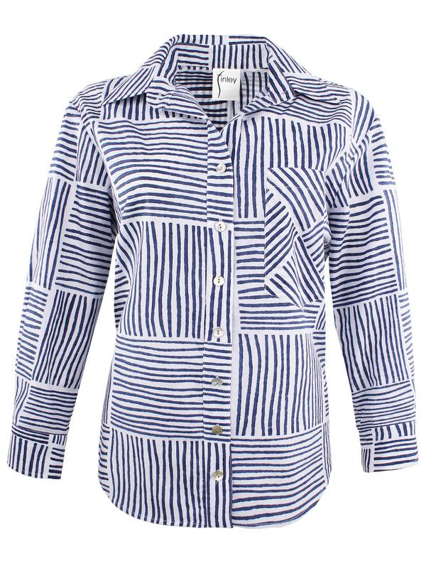 Finley MENDED Andie Hand Block-printed Blue Block Stripe Print Shirt With Chest Pocket And A Shirttail Hem